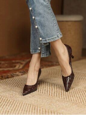 FOWT Brown Solid Croc-Embossed Pointed Toe Pumps Women Dressy Slip on Shoes